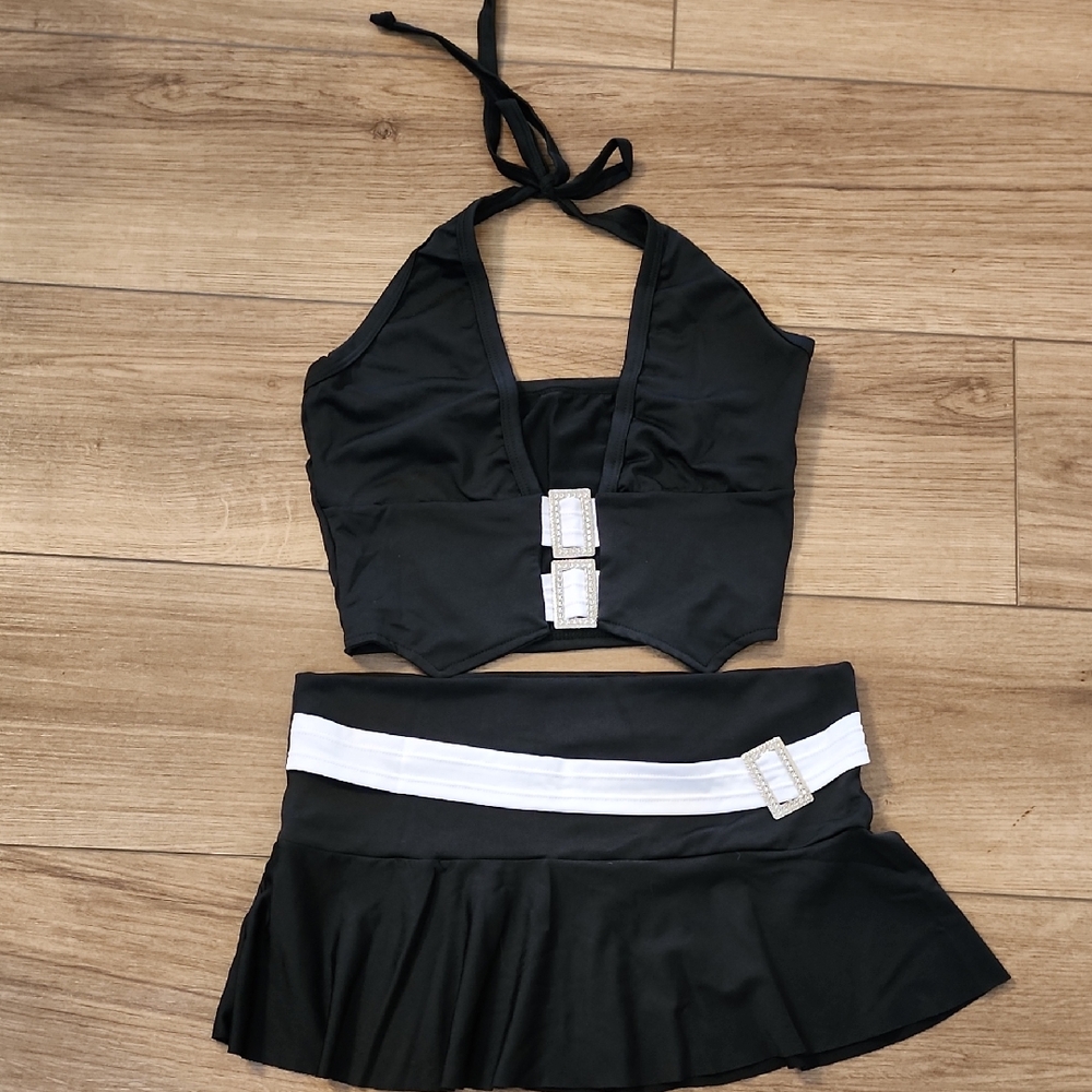 Black and White Halter Top and Skirt Lingerie Set, Size MEDIUM